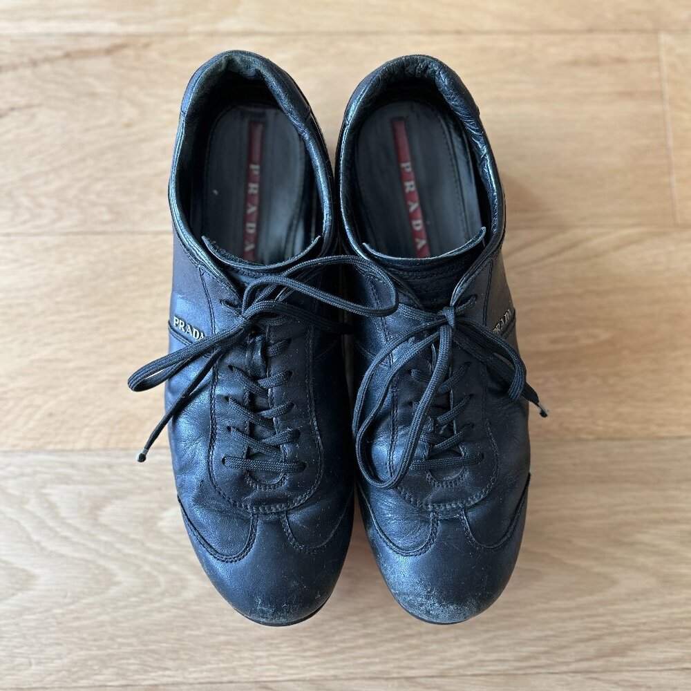 Authentic Prada Black Leather Sneakers 4E2045 Size 7.5